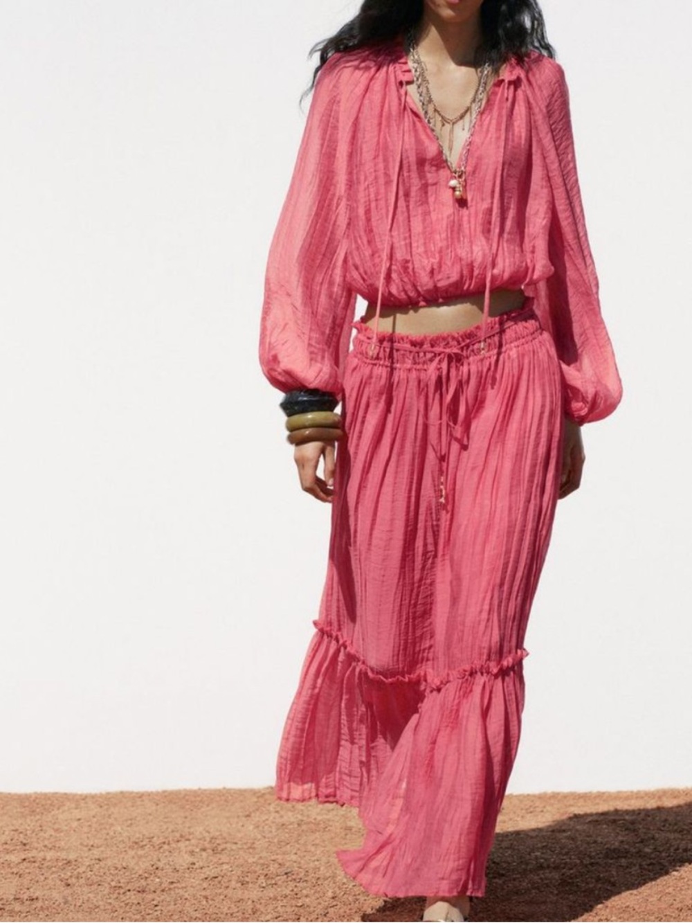 Zara wrinkle effect co-ord set crop top maxi skirt ruffle boho beachwear - Picture 2 of 16